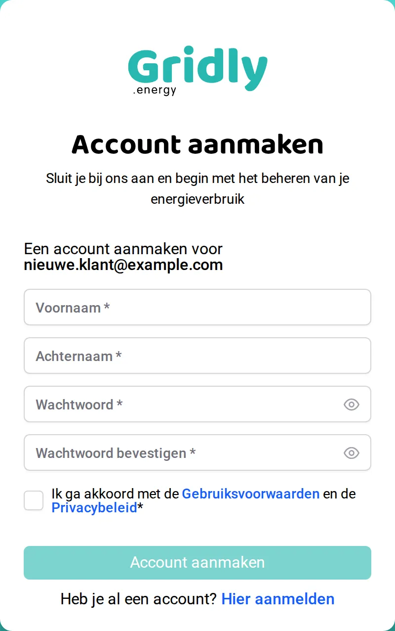 Het formulier Account aanmaken met het e-mailadres al ingevuld