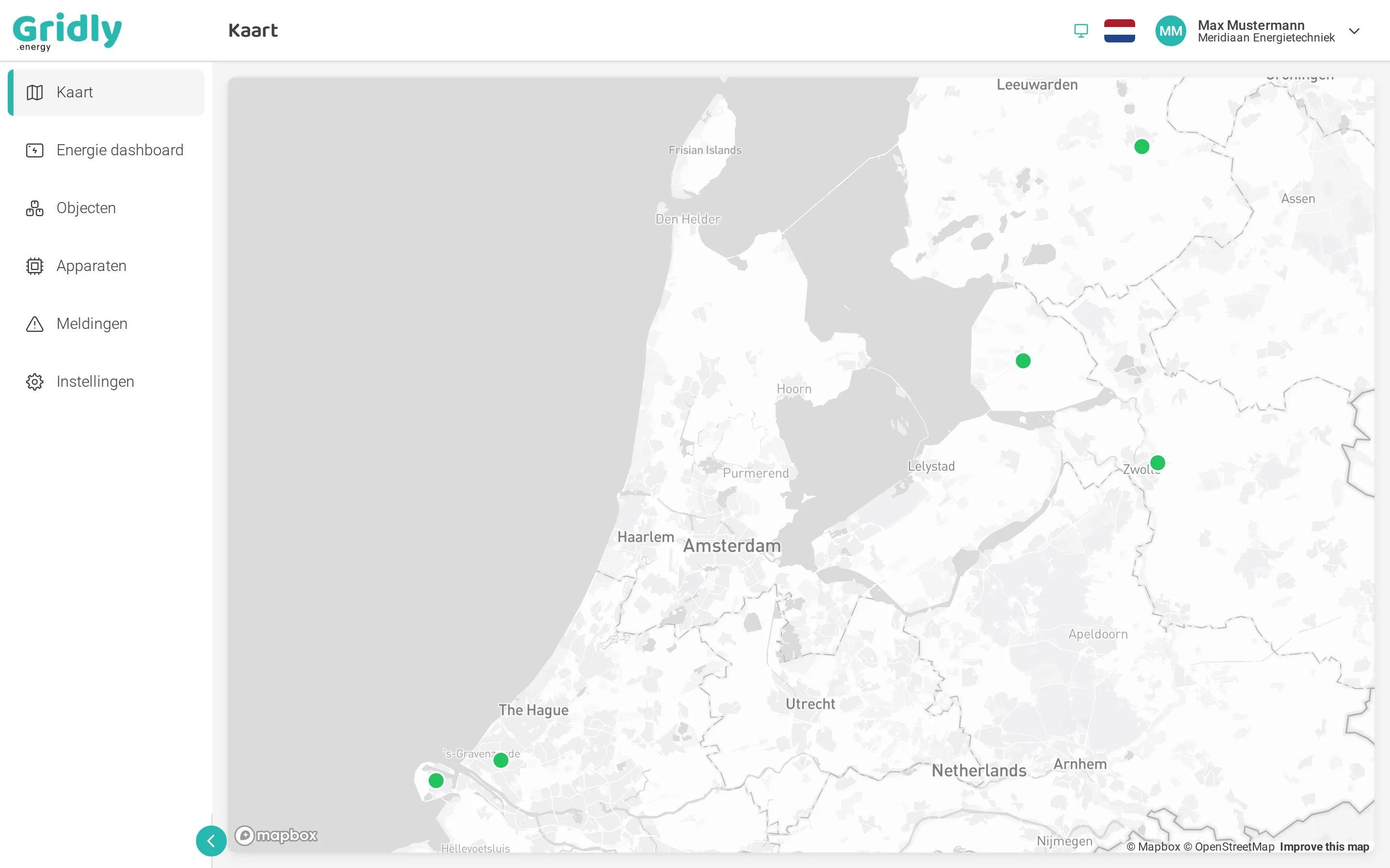 De kaart voor een installateur: een groene stip per klantlocatie