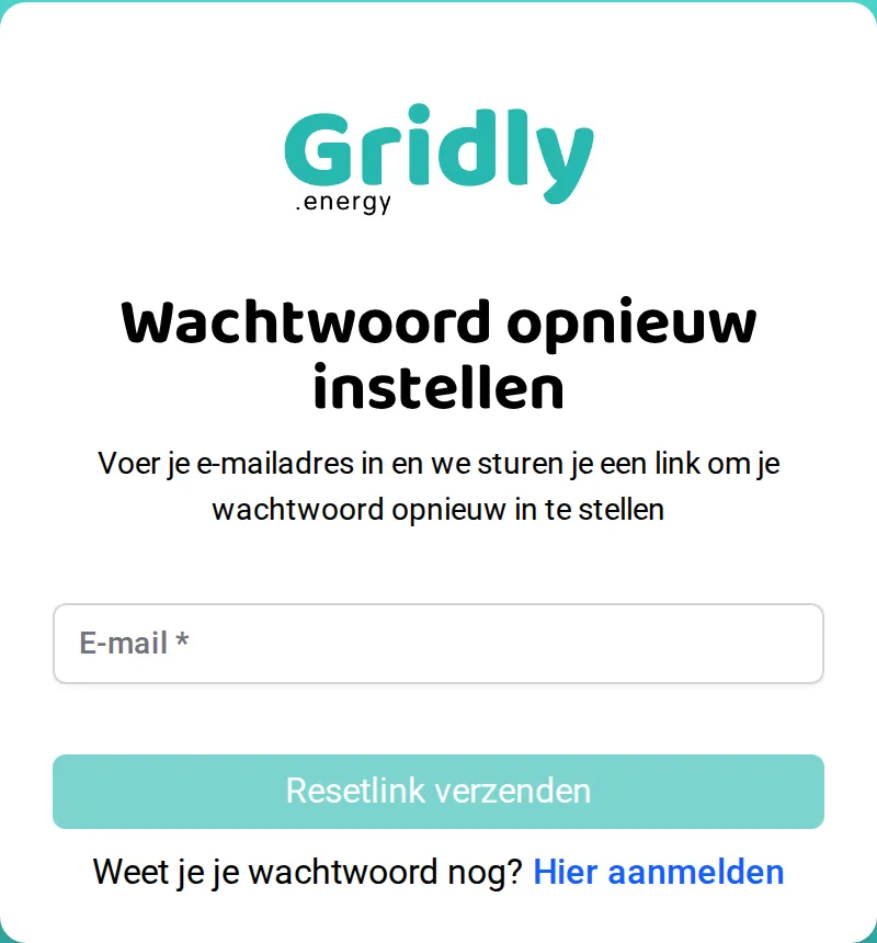 Het scherm Wachtwoord opnieuw instellen met het veld E-mail en de knop Resetlink verzenden